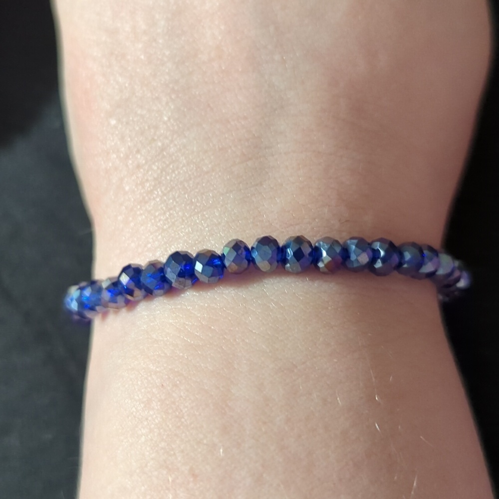 Blue and Silver Tone Faceted Crystal Beaded Stretchy Elastic Statement Bracelet